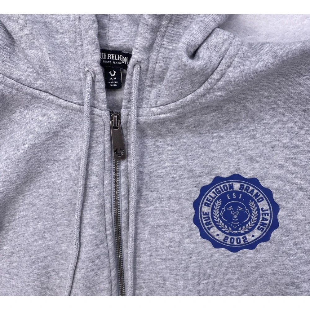 True Religion Men Hoodie Zip Up Gray Blue Alumni Buddha Big Horseshoe Fleece Med